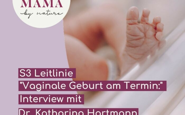 Teaserbild Podcast "Mama by Nature". Text: S3-Leitlinie Vaginale Geburt am Termin: Interview mit Dr. Katharina Hartmann